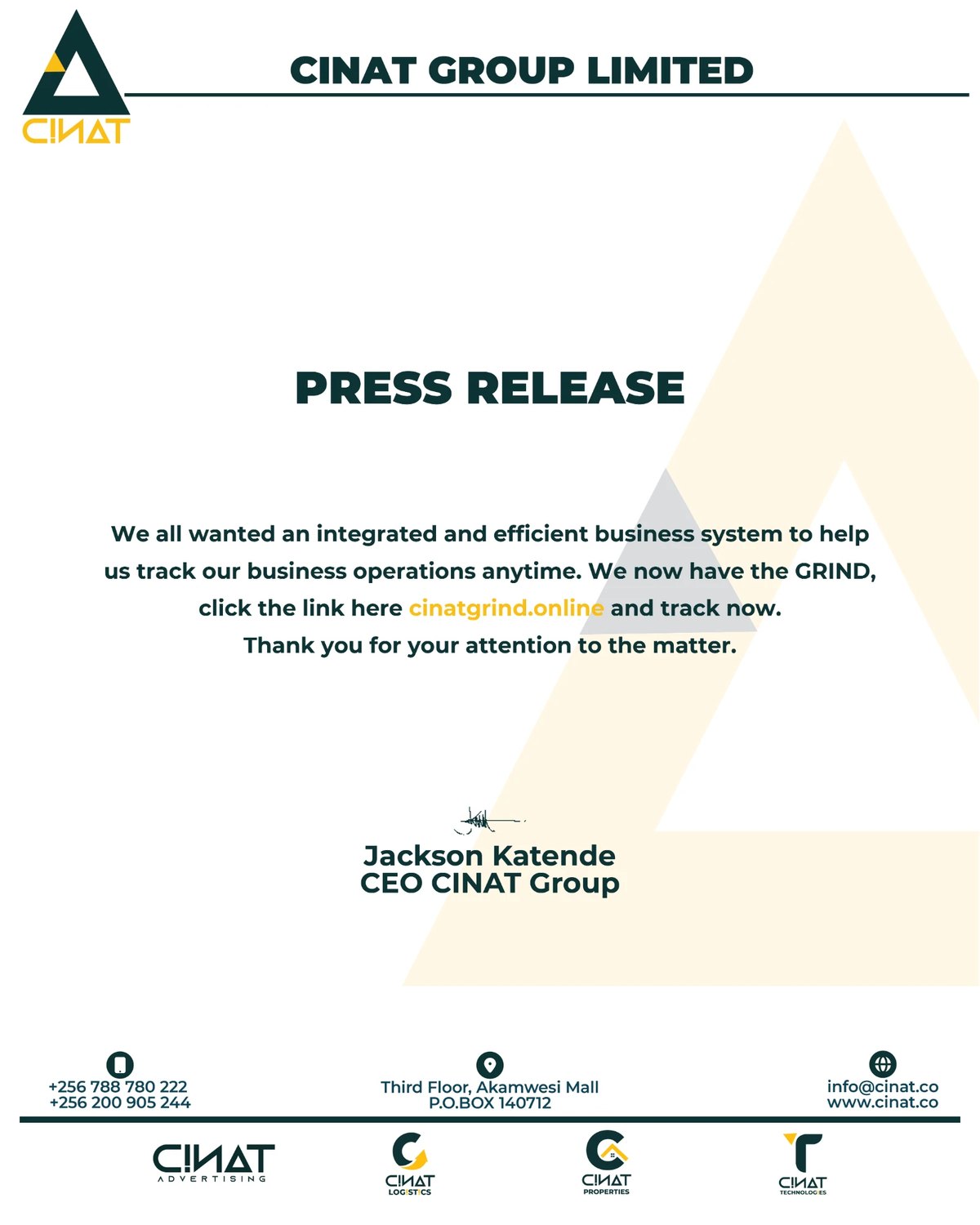 CINAT Group press release announcing GRIND, signed by Jackson Katende, CEO, CINAT Group